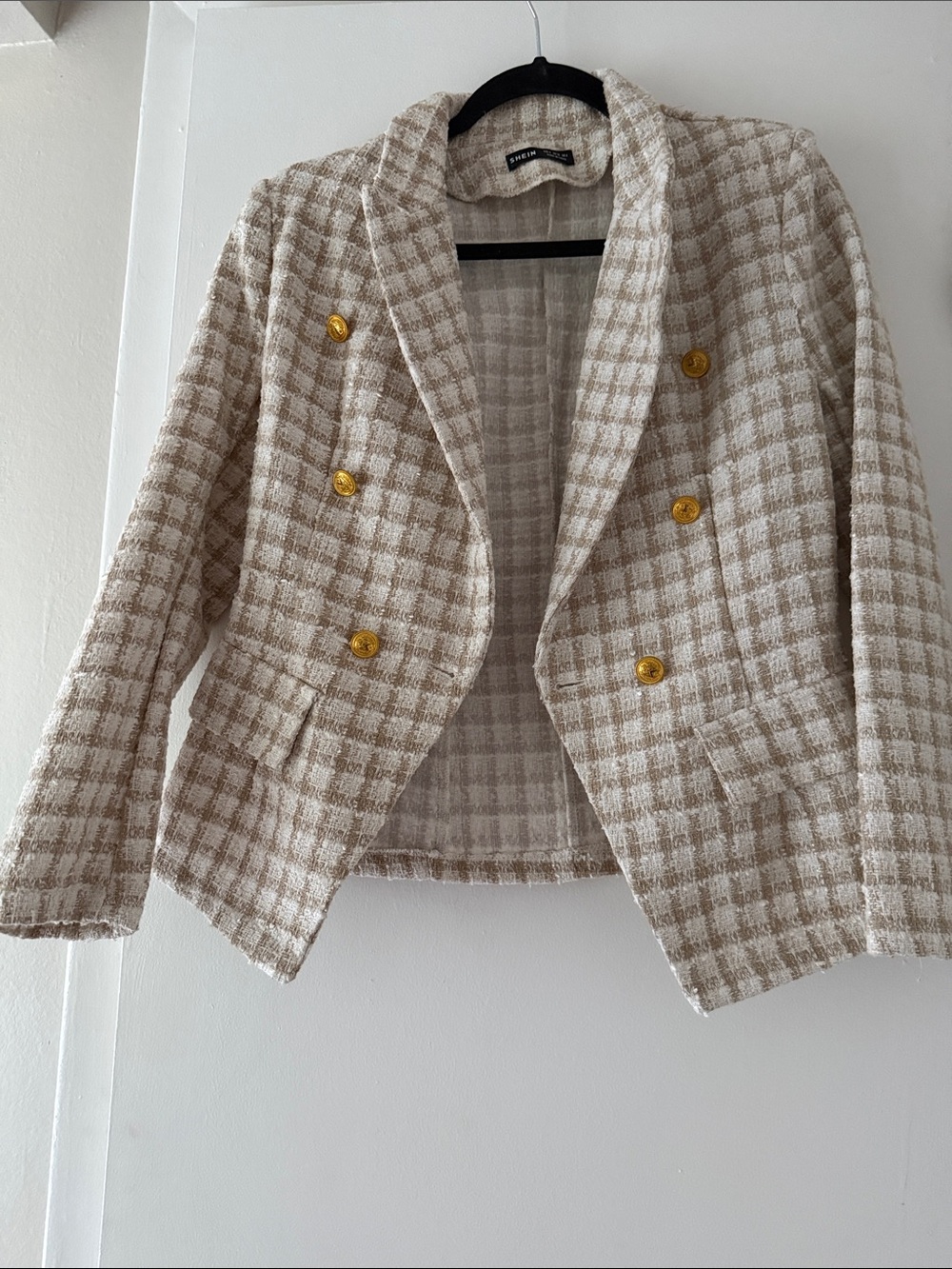 SHEIN Beige Plaid Double-Breasted Tweed Blazer with Gold Buttons